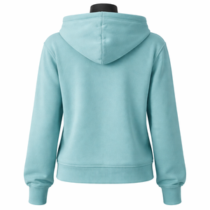 Sudadera con capucha clásica para mujer, con cremallera completa, de forro polar, color azul verdoso sólido, estilo casual urbano, personalizable con logotipo OEM. - Product Image 2