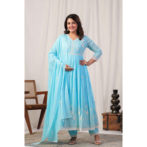 Conjunto Mehtabi Zimal Azul Celeste Anarkali Kurta Pantalón Dupatta para Mujer - Product Image 2