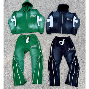 Conjunto Deportivo Unisex Personalizado de Invierno, Estilo Urbano, Color Sólido, con Logotipo Bordado, Efecto Desgastado por el Sol, Sudadera con Capucha y Parches, Pantalones con Cremallera Doble - Product Image 1