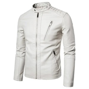 Chaqueta blanca de cuero para motocicleta de invierno para hombre, ropa de calle informal de moda sólida a prueba de viento con cuello levantado para lona de primavera - Product Image 5