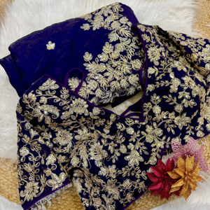 Royal Look Designer Fandy Satin Tissu Bleu Saree Avec Élégance Fancy Work Blouse Exclusif Ethnique Fête Mariage Vêtements De Mariée - Product Image 1