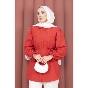 Chemise Rouge Chic Décontractée à Lacets avec Détail Fisto en Tissu Popeline Satinée Tricotée, Tissée Quotidienne, Taille XL pour Printemps/Été - Product Image 2