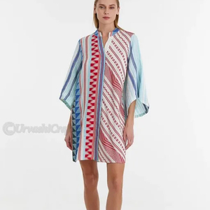 Mandy été nouveau décontracté Midi-Kleid Coupe droite jacquard col en V poches latérales robe de vente chaude pour femmes - Product Image 1