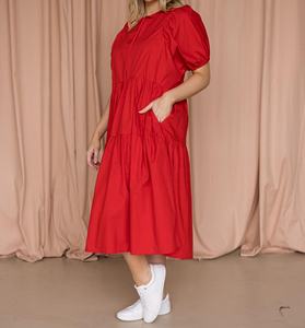 Robe d'été vintage décontractée rouge vif, longueur mi-mollet, 100 % coton, coupe trapèze, collection 2026, fabricant de vêtements américains et européens - Product Image 5