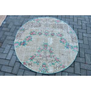 Turkish Rectangle Rug 4.3x4.4 ft Vintage <b>Brown</b> <b>Wool</b> Eco Friendly Rug with Patchwork Pattern and Latex Backing - Product Image 1