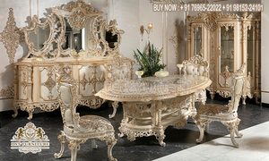 Ensemble de table à manger en teck sculpté, finition dorée européenne, 6 places, style moderne, durable - Product Image 6