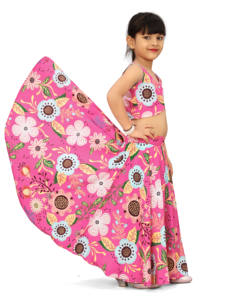 Robe de fête ethnique pour filles, Lehenga Choli longue rose à fleurs, style moderne, de la marque Shoryam, avec latkan décoratif - Product Image 4