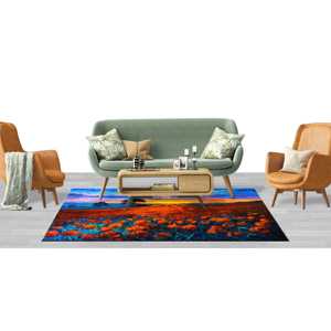 Tapis champêtre aux fleurs rouges : Décoration intérieure paysage coucher de soleil, Tapis doux non tissé - Product Image 3