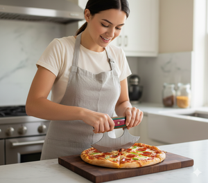 Cuchillo Ulu Artesanal de Madera Exótica con Hoja de Damasco Multivibrante y Funda de Cuero - Product Image 4