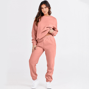 Custom Women's Two Piece Breathable 100% Cotton Fleece Crewneck Sweatsuit Jogger Lounge Sets Hooded Front Logo Solid Winter - Product Image 2