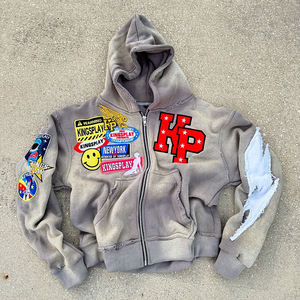 Sudadera con capucha lavada vintage de mezcla de algodón pesado con cremallera personalizada para hombre con apliques bordados con parches - Product Image 3