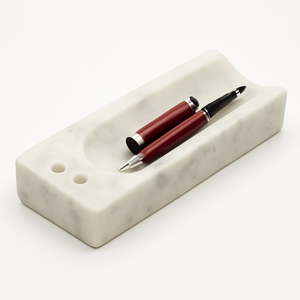 Bandeja de mármol blanco hecha a mano para bolígrafos con incrustaciones de latón, organizador de escritorio de lujo para herramientas de escritura y almacenamiento de oficina - Product Image 3