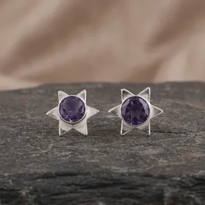 Hermosos pendientes de plata de ley 925 con gemas de lolita morada en forma de estrella, hechos a mano, para mujeres y niñas, ideales para usar en fiestas. - Product Image 2