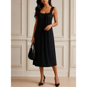 Vestido Largo de Viscosa con Cuello Cuadrado y Tirantes de Encaje Elegante para Mujer de Jane's, Vestido de Fiesta de Verano sin Mangas de Corte Regular y Largo Midi - Product Image 1