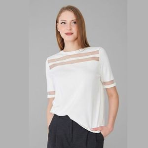 Blusa de manga corta con cuello redondo y patchwork de malla para mujer - Product Image 1