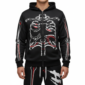 Conjunto Deportivo Estilo Punk con Estampado de Huesos de Esqueleto para Hombre, Sudadera con Capucha y Cremallera Completa con Máscara Facial y Pantalones Jogger de Pierna Ancha, Ropa Urbana - Product Image 1