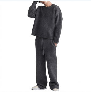 Men's Green <b>Wool</b> Knitted Flare Tracksuit Set Long Sleeve Solid Color Loose Fit Winter Casual <b>Pants</b> With Drawstring Side Pocket - Product Image 2