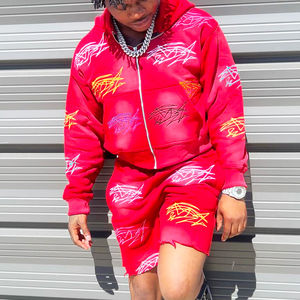 Streetwear Custom Tracksuit Manufacturer Polyester/Cotton French Terry Acid Wash Printed <b>Zip</b> Hoodie <b>Shorts</b> Custom Vintage Casual - Product Image 5