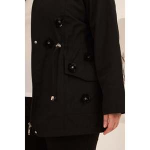 RMG Women's <b>Plus</b> <b>Size</b> <b>Black</b> Cotton Blend <b>Trench</b> <b>Coat</b> with Elegant Floral Appliques - Autumn Winter Outerwear - Product Image 3