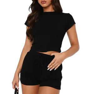 Conjunto de Ropa de Salón para Mujer, Verano, Dos Piezas, Color Sólido, Camiseta Corta de Manga Corta, Pantalones Cortos Casuales, Leggings, 2026 - Product Image 4