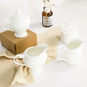 Classic Bone China Sugar And Creamer Set Coffee Serving Set Milk Pitcher Sugar Bowl with Lid Pure White
