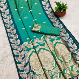 Saree de seda Banarasi hecho a mano con Zari y Meenakari hermoso Pallu con borde y borlas perfecto para ocasiones especiales - Product Image 2