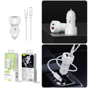 Cargador de Coche CC-202-IP con Puerto Tipo C y USB de 38W 3A para Teléfono, con Cable para iPhone, Color Blanco - Product Image 3