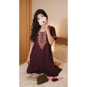 Women's Designer Floral Kashmiri Embroidered Maxi Nightgown-Premium Bizzy Lizzy Fabric Soft Breathable <b>Long</b> <b>Nighty</b> - Product Image 1