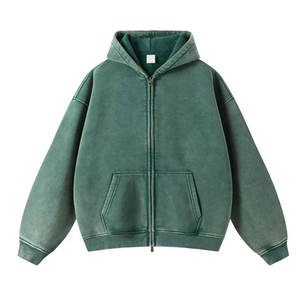 Sweat à capuche vintage surdimensionné, lavage à l'acide, fermeture éclair, effet délavé au soleil et broderie de luxe. - Product Image 3