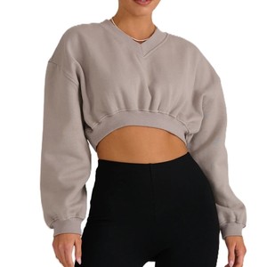 Mujer Casual invierno otoño sólido alta calidad 100% algodón ecológico longitud corta manga larga hombro caído cuello redondo Crop - Product Image 6