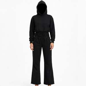 Conjunto de chándal de invierno para mujer, 100% algodón, forrado, con cintura fruncida, sudadera corta y pantalones de chándal de pierna ancha de cintura alta, casual - Product Image 1