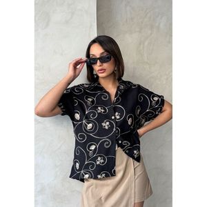 Chemisier brodé 100 % lin pour femme TOPSHOW, motif noir 2, coupe régulière respirante, idéal été-printemps, vente en gros - Product Image 1