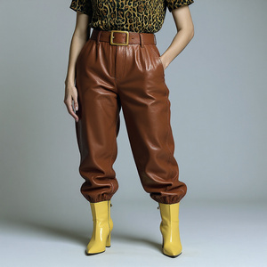 Pantalones de cuero rojo de moda para exteriores, pantalones de cuero de invierno de alta calidad para mujer, pantalones holgados de cuero genuino para mujer - Product Image 6