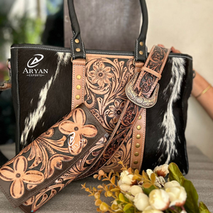 New Western Handcrafted Tooled Cowhide Fur Leather <b>Handbag</b> Women's Stylish Shoulder Bag and Hand Carved Purse <b>Unique</b> Combo Set - Product Image 1