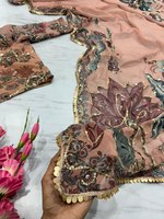 Sari de fête tendance en soie Georgette de qualité supérieure, entièrement fait main, avec bordure en dentelle fantaisie multicolore, léger et élégant