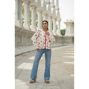 Women's Boho Chic White Cotton Quilted Kantha <b>Jacket</b> <b>Short</b> Suzani Kimono Coat Strawberry Embroidery Handmade All Season Warm - Product Image 3
