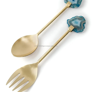 Luxury Golden Stainless Steel and Agate Salad Server Set for Home Kitchen Hotels Restaurants Weddings - Product Image 3
