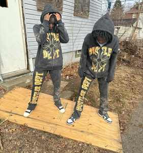 เซ็ตสเวตเตอร์และกางเกงมีฮู้ดสำหรับผู้ชายชุดวอร์มใส่ได้ทั้งชายและหญิงชุดวอร์มกางเกงสเวตเตอร์มีฮู้ดลายพิมพ์ลายเปลวไฟโลโก้ตามสั่ง OEM - Product Image 3
