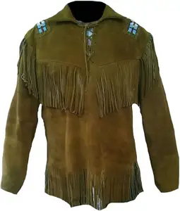 100% Genuine Cow Suede Leather Warrior Western Style Indian Style American Style fringed & Beaded Leather Shirt For Men 2024