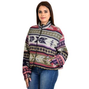Suéter tipo bolero con cremallera, estilo geométrico azteca de diamantes, cálido y cómodo para otoño e invierno, mezcla de lana de yak, con cuello alto. - Product Image 4
