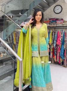 Rijke Look Georgette Draad Met Sequentie Werk <span class=keywords><strong>Choli</strong></span> <span class=keywords><strong>Sharara</strong></span> Met Dupatta Chiku