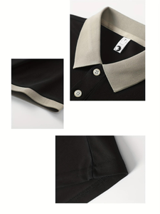 Chemises décontractées légères pour hommes Tops d'été à manches courtes Col contrasté Couleurs unies Beige/Marine Tissu respirant et col classique BD - Product Image 6