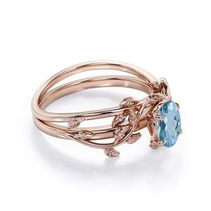 925 plata esterlina corte ovalado aguamarina hoja grabado trabajo minimalista anillo de boda conjunto compromiso y anillo de cumpleaños - Product Image 5