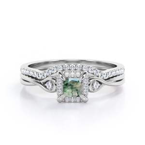 Anillo de Plata de Ley 925 con Doble Banda, Corte Princesa Clásico, Ágata Verde Musgo y Circonita con Engaste de Garras para Boda, Compromiso o Fiesta - Product Image 1
