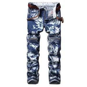 Premium painted custom pattern jean pants Custom factory oversized jean straight leg pants men's with pockets jean denim pants