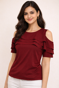 Blusa Elegante de Moda para Mujer Shoryam, Color Granate, Hombros Descubiertos, Estilo Occidental Formal, Diseño Sólido, Crepé de Secado Rápido - Product Image 2