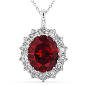 Collier pendentif halo en or blanc 14 carats avec rubis ovale et diamants, 6,40 carats de diamants - Product Image 3