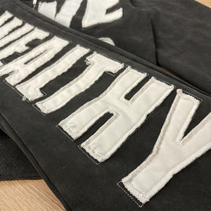 Conjunto de pantalones de chándal bordados con apliques Mufa y Sudadera con capucha recortada para hombre, chándal de retazos de algodón pesado, lavado ácido desgastado 2025 - Product Image 2