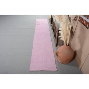 Tapis turc vintage en laine rose de 2x12 pi, tissage plat moderne, design patchwork pour décorations de salon avec support en latex - Product Image 2
