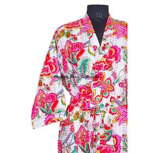 Handmade Indian Kantha Cotton <b>Kimono</b> Robe for <b>Women</b> Hand-painted Pattern Quilted Winter Jacket Reversible Knitted Lightweight - Product Image 4